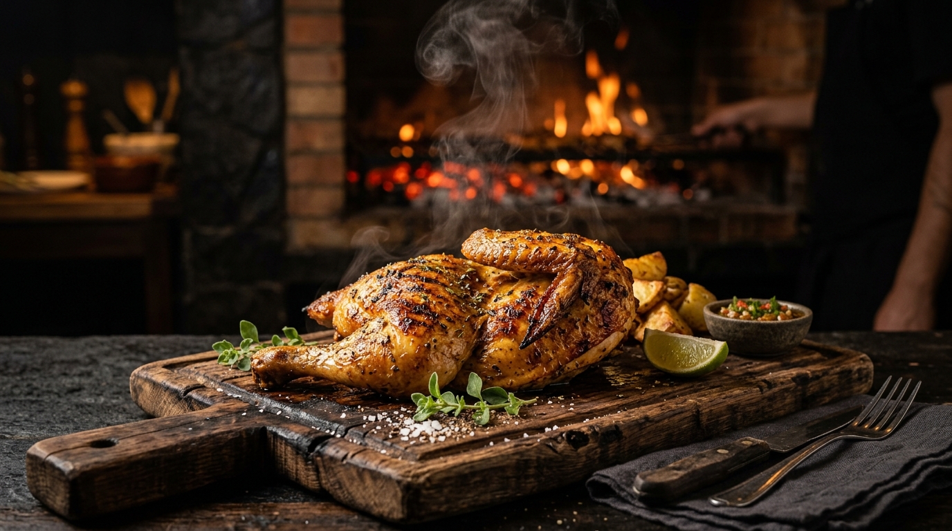 Pollo a las brasas con fuego de fondo